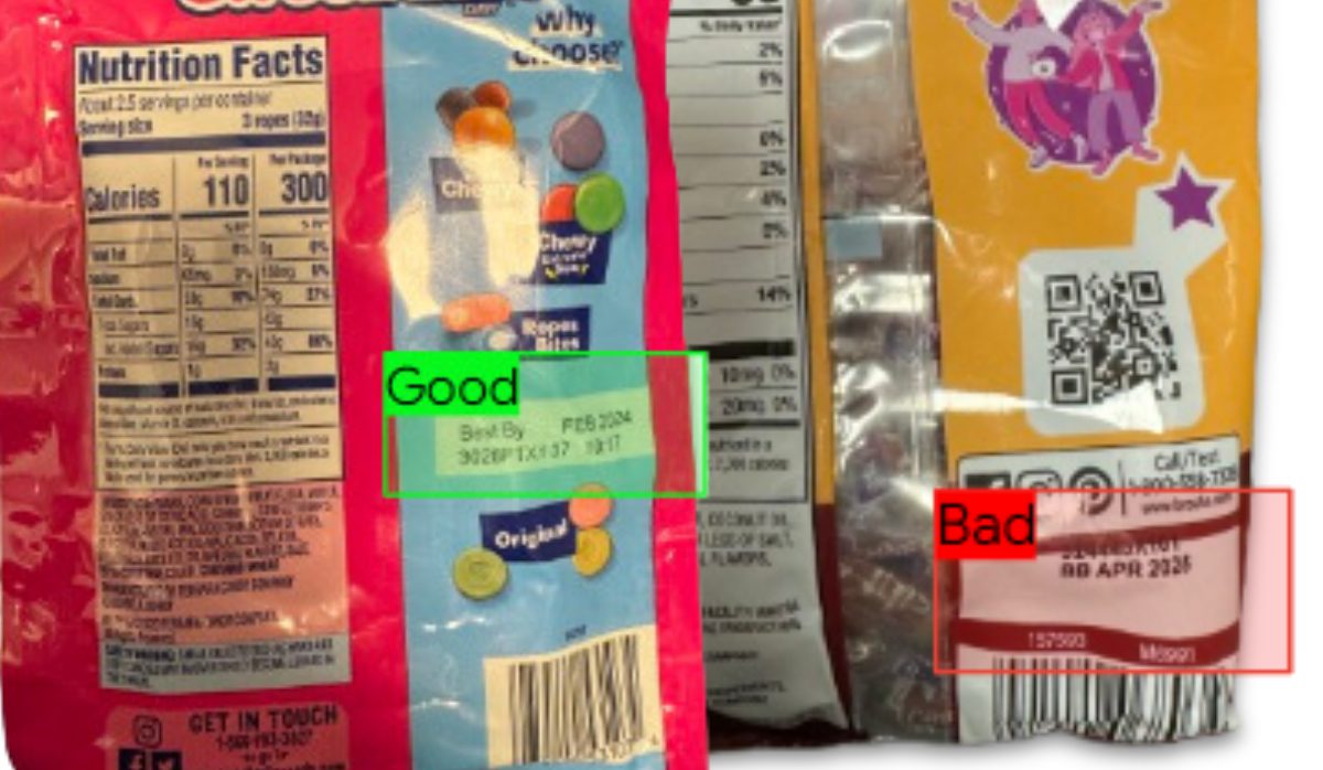 Two candy packages, one with a clearly printed "best by" date, the other misaligned and hard to read