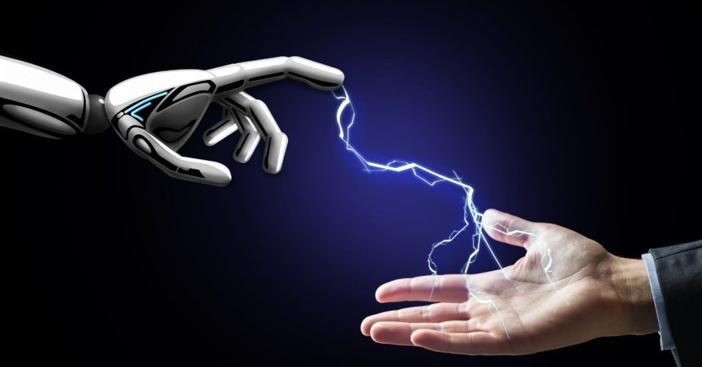 AI powered android with a electric stream moving to a man