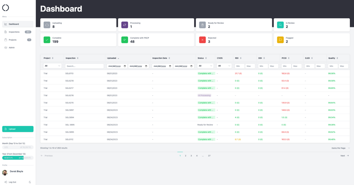 ClearVision inspection dashboard listing processed pipe inspections
