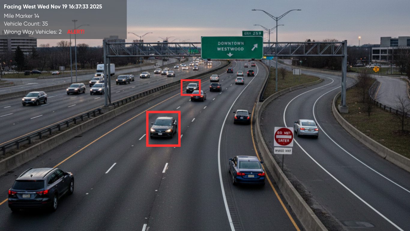 Traffic camera view flagging a wrong-way vehicle