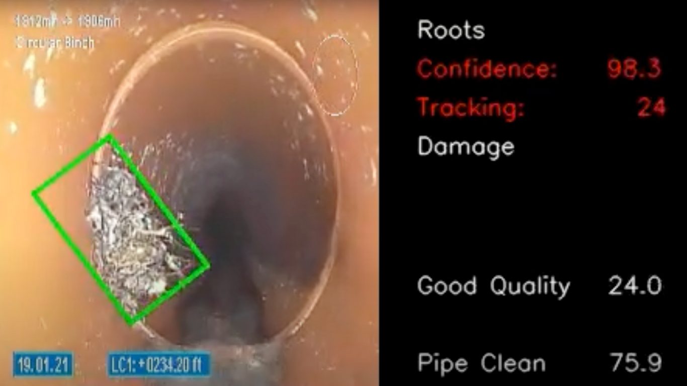 ClearVision detecting roots inside a wastewater pipe, with confidence scores for each condition