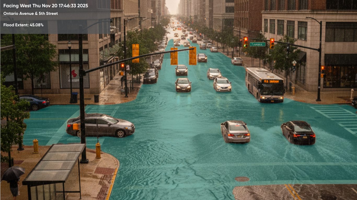 ClearVision mapping flood extent on a city street from a traffic camera