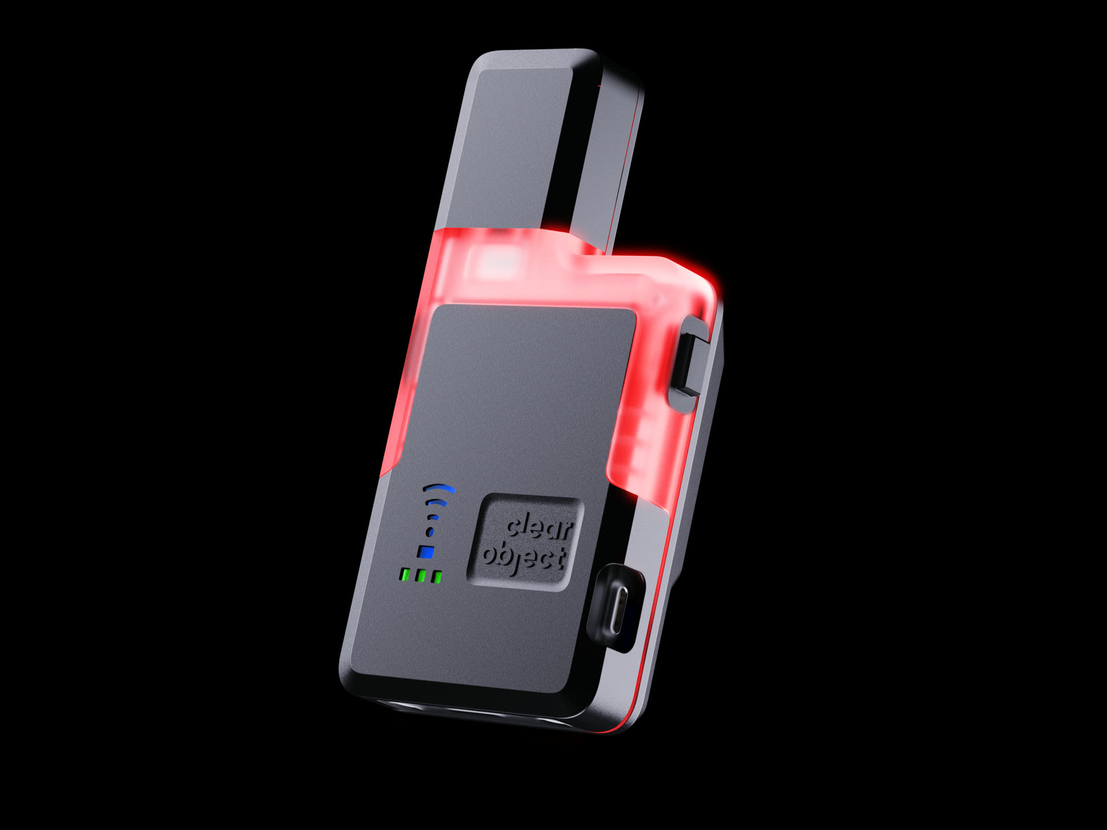 A ClearGuard wearable with its red alert light glowing