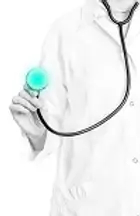 Medical professional from shoulders to waist holding a blue stethoscope