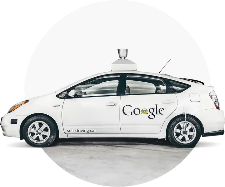 white Prius Google self driving car centered in a circle