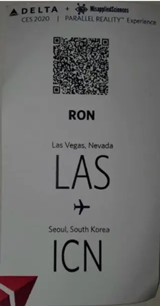 Close up image of Delta flight ticket for Ron from Las Vegas to Seoul, North Korea