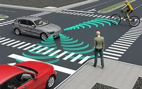 car on the road using sensors to locate a near by car, pedestrian, and cyclist